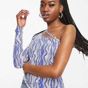 Monki Blue Abstract One Shoulder Cutout Long Sleeve Top Size L